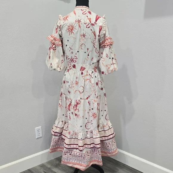 Marchesa Rosa Parker Midi Dress Button Down Puff Sleeve Cream Red Size 8 - Picture 5 of 10